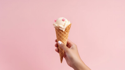 Cone in a hand of a woman filled up with ice in front of a pink background. Generative AI.