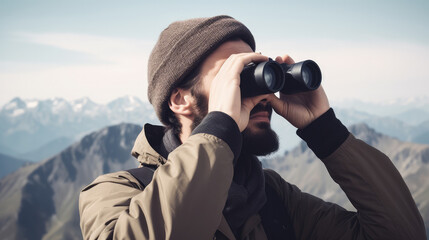 Outdoor men using a binocular to look into the nature. Generative AI.