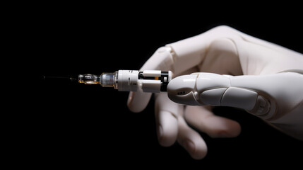 Hand of a white robot holding a syringe as a symbol for tech evolution in the medicine sector in the future. Generative AI.