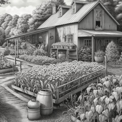 farmhouse in black and white - Generated by Artificial Intelligence