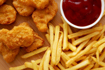 Chicken Nuggets and French Fries with Ketchup Ready to Eat. Flat lay, overhead, from above.