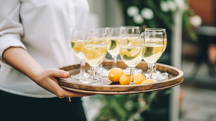 Full cocktail glasses standing on a serving tray ready to serve at the garden party. Generative AI.