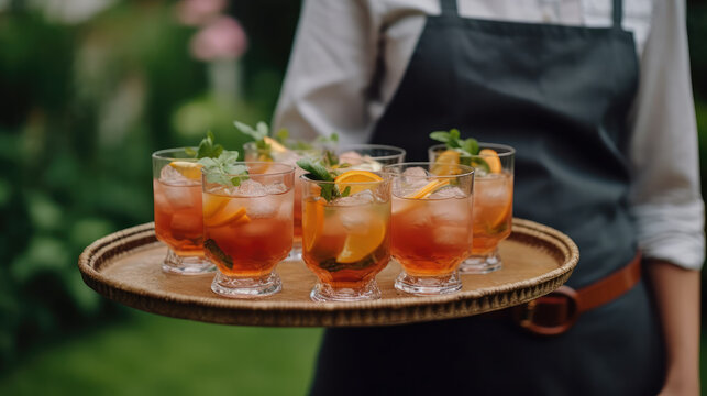 Waitress holding a serving tray with some cocktails on top. She is serving the drinks for the guests at the party. Generative AI.