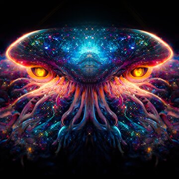 Portrait of a cosmic creature with large glowing yellow eyes, psychedelic colours Illustration wall art. Digital painting. Generative AI.