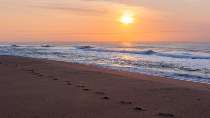 Beach Sand Footprints Shoreline Ocean Sea Waves Horizon Sunrise Haze Landscape