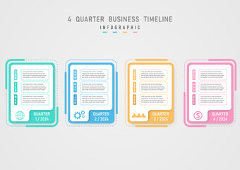 4 Quarter Infographic Business Planning Timeline for Growth multicolored pastel squares month abbreviation letter icon on white background Frames and letters with outlines gray gradient background.