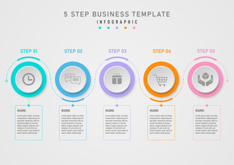 infographic template 5 steps business plan success multi colored circles center icon circular patch line with flowing arrows The squares and letters below on a clean gray gradient background.