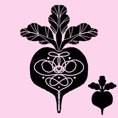 Beet. Modern texture illustration in linocut style, symmetrical, with cut out ornament, also just a grunge silhouette. Black silhouette hand drawing. Element for design
