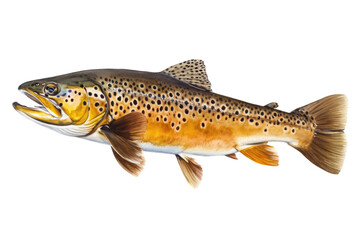 an isolated BrownTrout, river rocks, outdoor sport, fly fishing, lure fishing, fishing-themed, river stones, photorealistic illustration on a transparent background cutout in PNG. generative ai