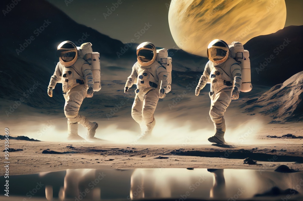 Poster astronauts walking on planet generative ai