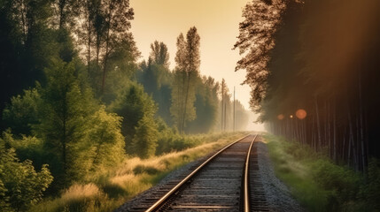 Plakat Railroad running in the middle of nature with the beautiful orange light of the down going sun. Generative AI.
