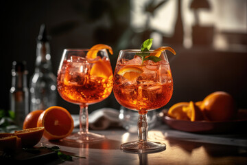 Close up of two nicely decorated cocktail glasses filled with a bitter orange liquor Spritz drink