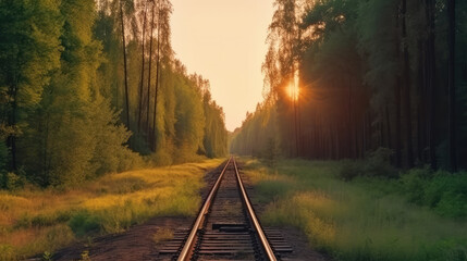 Beautiful picture of the downing sun over a railroad in the middle of nature as a symbol for transportation. Generative AI.