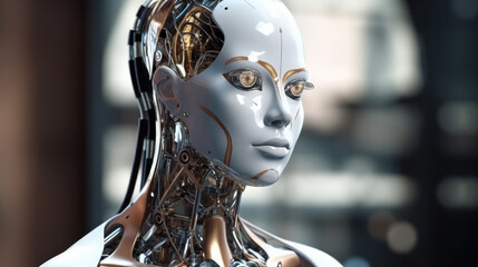 Fototapeta na wymiar BEautiful white cyborg robot with futuristic background. Generative AI.