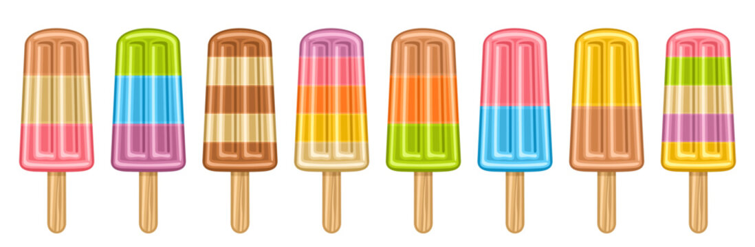 Vector set of Fruit Popsicle, lot collection of 8 cut out illustrations sweet fruit ice creams, banner with group of different fruity popsicles for kids with wood stick in a row on white background