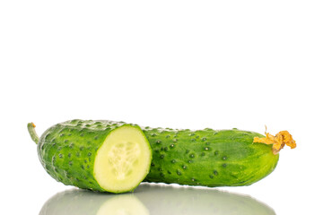 One half and one whole ripe cucumber gherkin, macro, isolated on white background.
