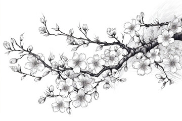 Generative AI painting	of Sakura flowers on white background. Black and white
