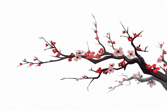 Generative AI painting of Sakura flowers on white background.