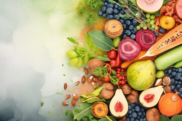 Fototapeta na wymiar ripe and juicy fruits and vegetables background, watercolor -Ai
