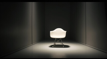 Single white modern chair in the center of a room with dark background. Generative AI.