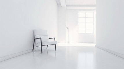 Modern white chair in the corner of a white clean bright room with workspace beside. Generative AI.