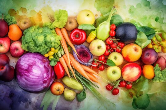 ripe and juicy fruits and vegetables background, watercolor -Ai

