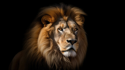 Portrait of a male lion in front of a black background. Generative AI.
