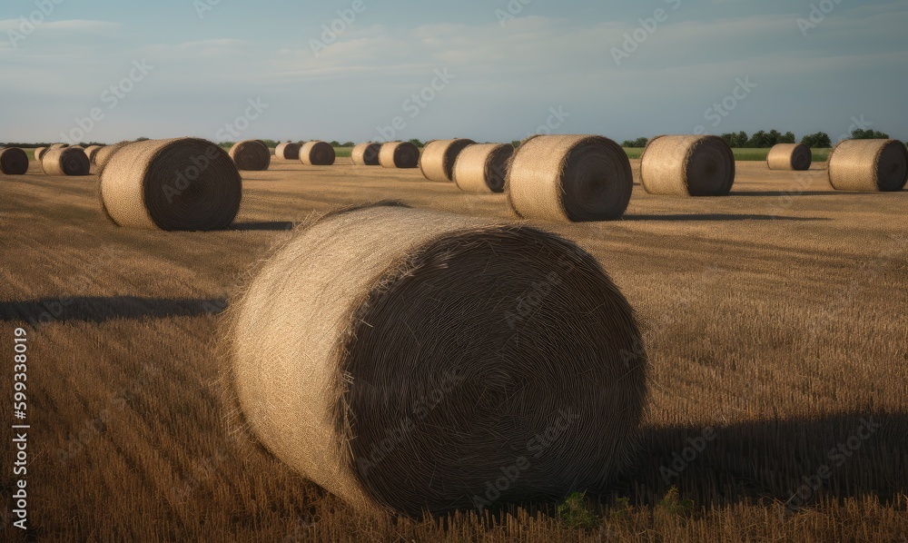 Aufkleber in a compressed wheat field, round bales of straw lie in various places. a power line on concrete po