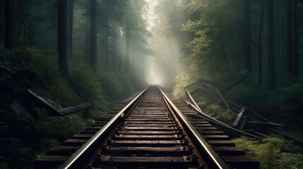 Fototapeta premium Railway in the middle of the forest between the trees. as a symbol for destruction of nature. Generative AI.