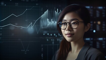 Woman at computer in office to analyze finances and information, generative AI