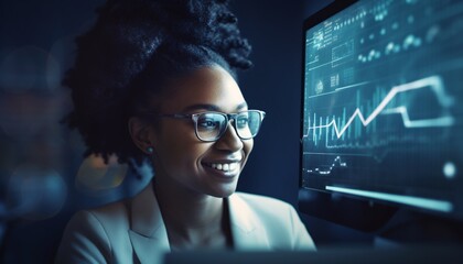 Woman at computer in office to analyze finances and information, generative AI