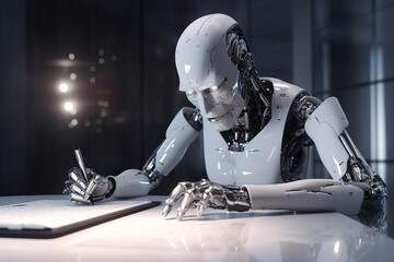 Artificial intelligence robot writing. Ai essay and education concept. Generative ai