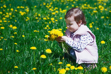 Happy childhood. Beautiful little child girl collects bouquet  of wildflowers. Place for text. (Recreation, summer, nature, vacation concept). Horizontal image