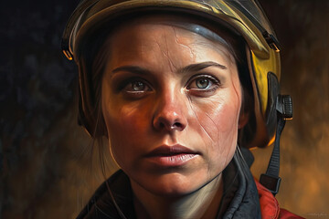 Portrait of tired strong woman firefighter in a fireman's helmet. Fireman's Day. Generated Ai