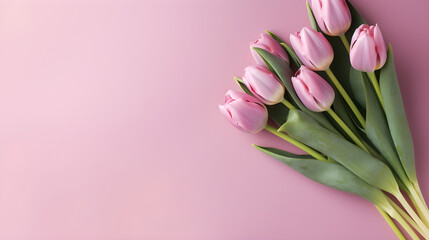 Spring flower composition featuring a bouquet of pink tulips on a pastel pink background. Generative AI