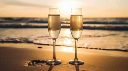 Pair of bubbly glasses filled up with secco standing in the sand of the beach at the ocean. Generative AI.