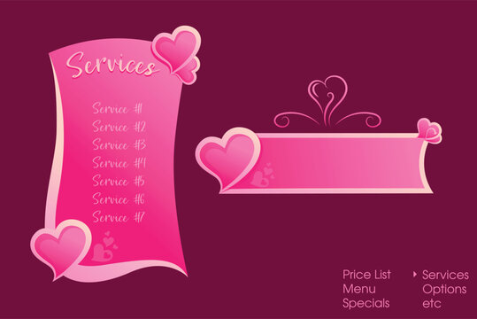 Pink beautiful Heart shaped price list template with a button panel. Can be used as a menu, specials, offers, services background. Can also be used as invitation. Hearts show love and support. - Powered by Adobe