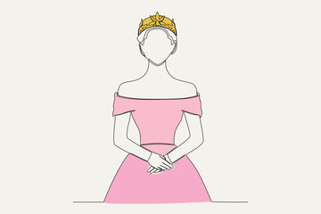 Color illustration of a queen wearing a crown. Queen one-line drawing