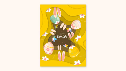 Happy Easter Cartoon Poster. Easter Poster with rabbit ears, colorful eggs, flowers and garlands.