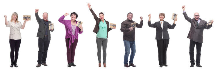 group of happy people with gifts in their hands isolated