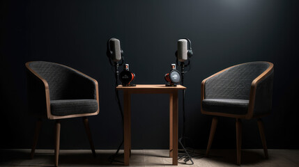 Two microphones standing on a table in the middle of two armchairs as a symbol for doing podcast or other audio with speech. Generative AI.
