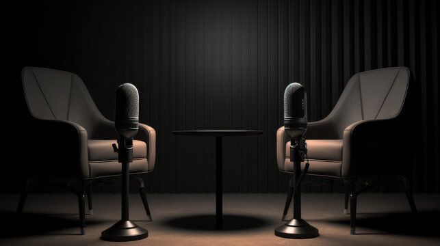 Two microphones and seets in an empty clean room as a symbol for podcasting. Generative AI.