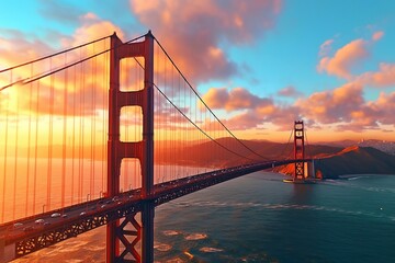 Fototapeta na wymiar Golden Gate Bridge at Sunrise, San Francisco Landmark, Iconic Architecture, Golden Hour Beauty, Generative AI
