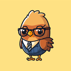 Cute mascot for a chicken wearing a uniform like a office worker and businessman, complete with a suit and tie, in a flat cartoon design. Suitable for advertising, presentations, books, and cards
