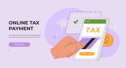 Online tax payment concept. Pay by credit card using phone. Calendar reminder for tax filing deadline. Landing page template. Vector illustration, isolated on purple background, flat cartoon style.