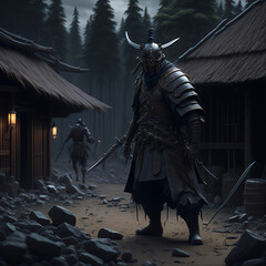 Fototapeta premium A samurai warrior looking forward defending a small village from bandits.
