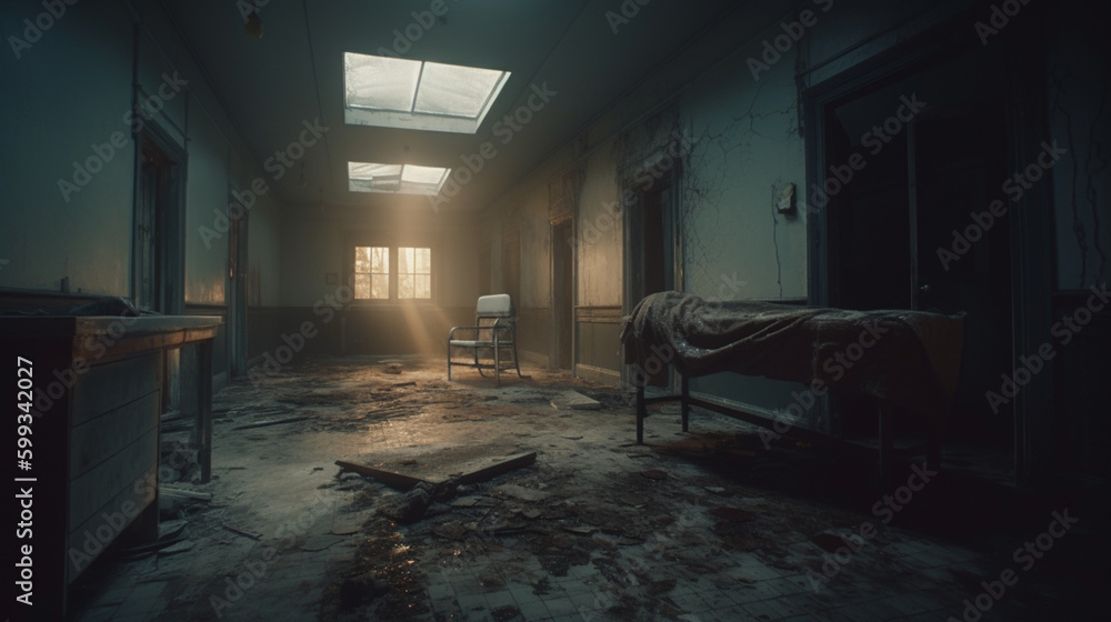 Sticker A haunted asylum with empty rooms and eerie medical Generative AI 