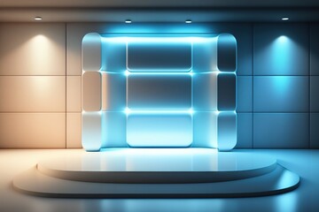 Beautiful modern futuristic podium with neon blue lighting for product presentation. AI generated.