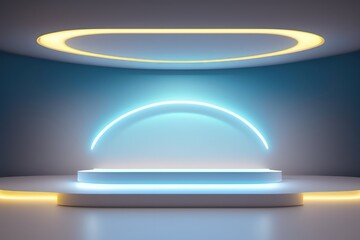 Beautiful modern futuristic podium with neon blue lighting for product presentation. AI generated.
