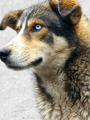 Portrait of a beautiful mongrel dog with blue eyes.